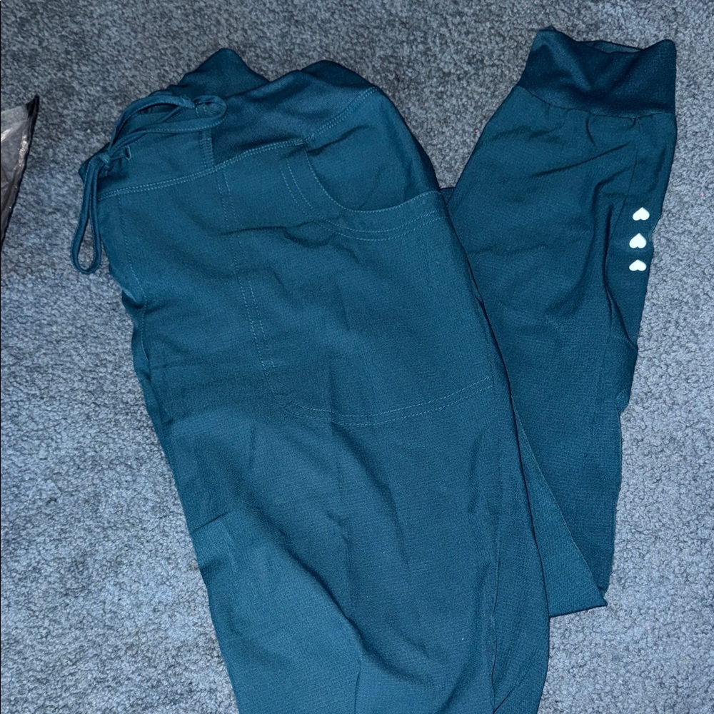 Teal Jogger Scrub Pants with Heart Accents